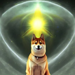 third eye ascension shiba inu doge with heaven glowing aura Q anon far away galaxy