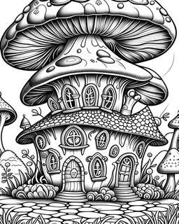 Mushroom houses Coloring Book for Adults and Kids, Instant Download, Grayscale Coloring Book