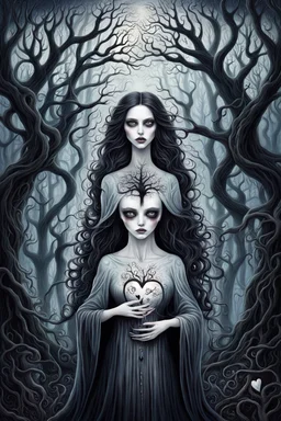 illustration from a surreal ghostly woman with ghostly white skin in Tim Burton style, high details, surrounded by various strange mystic trees. Her eyes are close open, and her is long messy dark hair. she holding a black heart, adding a unique surreal and sinister style to the artwork, etheral, weird plants, otherworldly, dark mood, cinematic