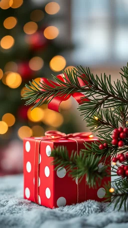 pine branch and Christmas gift box, festive atmosphere. in blur background, warm lights, hig realistic, perfect shot, professional photo