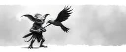 air brush 3d with pen outline, mongrel goblin gremlin holding big big bird with shadow outline, charcoal fog border