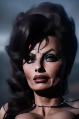 young sophia loren as evil queen in black leather, angry, stern look, volumetric lighting, particales,highly detailed,cinematic, deep colours,8