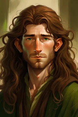 Hobbit, braune lange wilde Haare, große, auffällig dicker Nase, gepflegter kurzer Bart, kein Vollbart, grüne Augen, hübsch, sehr jung (etwa zwanzig Jahre) , Druide, gebräunte Haut