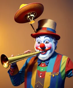 happy and funny old friendly clown with round head and trimmed beard playing jazz with a steampunk theme, trumpet on mouth, carnival, dreamy