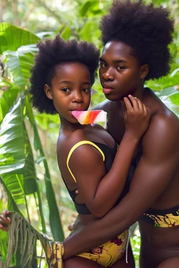 young natural teenage black girls with dad in a swimsuit in a bed in the jungle. eating a lollypop. cute. sharing icypole. icecream on face. old man. thick body.