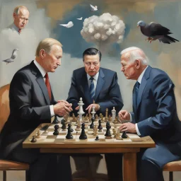 Putin, President Xi Of China And Joe Biden Play Chess With A Pigeon,Ufo And Atomic Bomb Mushroom Cloud,Complex Surgical Instruments, A Newborn Boy,Minimalist composition,Painting By Adrian Ghenie,Rene Magritte,Pablo Picasso,Michelangelo,Salvador Dali,Lucian Freud