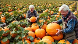 Elderly pensioners harvesting pumpkins from the field. There are acres of pumpkin plants with lots of ripe pumpkins. Some of the pumpkins are enormous. Everyone is happy. Photographic quality and detail, award-winning image, beautiful composition.