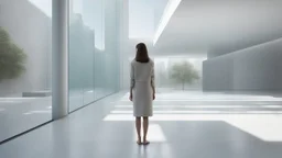 a woman is standing in front of a building, a digital rendering by David Chipperfield, cgsociety, modernism, vray tracing, vray, made of glass