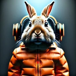 Rabbit toddler, smile, steampunk headphone, sunglass, gangsta neckless, full body, orange puffer jacket, tokio background, dramatic lighting, hyper realistic, unreal engine 5, 16k