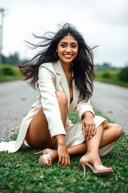 A stunningly ethereal Indian woman with cascading, tousled hair, captivating eyes, and a lovely smile sits gracefully on a grassy pavement. She is dressed in exquisite designer attire and shoes that perfectly complement her glowing skin. The windy weather adds a dynamic element to the scene, enhancing the fashion photograph's sense of movement and glamour. Each detail in the image exudes sophistication and elegance, creating a visual masterpiece that is both captivating and alluring.