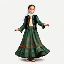 full body 7years old girl ,simple background, full body of very pretty little girl in azeri dance wearing A underdress or shirt, often made of silk,A fitted, often velvet or brocade, jacket worn over the shirt.Wide, bell-shaped skirts are worn, often long and layered to create beautiful movements while dancing, with a long lace scarf at back of her head ,with pretty shoes,in T pose looking at camera.