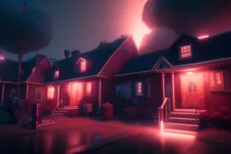 section 8 housing, african americans, night time , unity, scriptable render pipeline , lighting , volumetric , global illumination, fog , red emission , red tone.