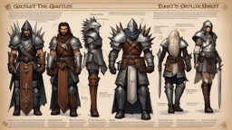 timeline illustration of gauntlets concept sheet with AD&D statistics and characteristics. left to right: leather, padded, plate, tech, spiked
