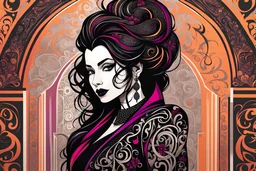 an abstract illustration of a goth punk vampire girl from calligraphic letters, flourishes, and swirls , finely drawn and inked, in classic Arabic calligraphy, 4k, hyper detailed in the style of EL SEED and vibrantly colored in the style of GUSTAV KLIMT