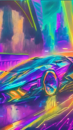 futuristic supercar, hand draw urbansketch art style inspired by Marta Vilarinho de Freitas, flat, vector illustration, urban sketch cyberpunk 2099 blade runner 2049 neon neo-impressionism expressionist style oil painting, smooth post-impressionist impasto acrylic painting, thick layers of colourful textured paint futuristic futurism noir