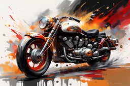 Illustration of abstract painting, retro motorcycle harley davidson. black-red-white-gold. artistic style, Willem Haenraets artistic style, dateled in HD, Afremov, colorful in Kal Gajoum style Splash art, action shot, heroic fantasy art, special effects, hd octane render, 8k
