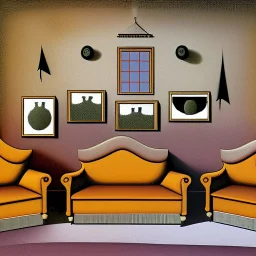 Room with odd creepy stuff and a liminalspace atmosphere in René Magritte style