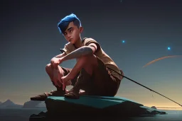 An extremely detailed, exquisite painting of boy sitting on a crescent moon fishing surrounded by the entire universe