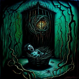 Doolally Trap nightmare anathema, eerie cradle machinations, surreal, sinister, scary, profound, dramatic, acrylic painting