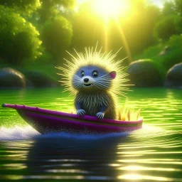 cute blessed chat elf porcupine speeding in a fishlike boat in the river,catching a big fish in a river stream, 8k, downlight, soft light, depth of field, photorealism, trending on art station, lotsa detail