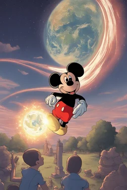 Mickey Mouse with a Supernova above the hand of an Earth person in a developed public park