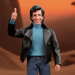 Wide view Henry winkler as Young Fonz with black hair greaser figure doll 1975 (thumbs-up) (face) Forehead grin, fonzarelli, ((arnold's drive-in)) fonzie