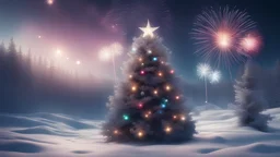 4k afbeelding; winterlandschap met grote kerstboom met lichtjes en ballen en groot vuurwerk erboven en een vallende ster