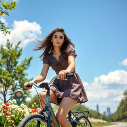 fullbody girl makeup wearing a victorian short dress biking in moder city of 2040 park ,flowers ,pretty clouds in blue sky,city escape.