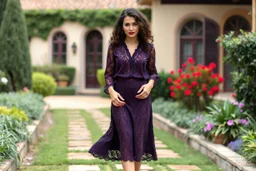 fullbody shot,of beautiful lady walking in a pretty villa garden wearing dark purple lace skirt and blouse , curvy hair,look at camera