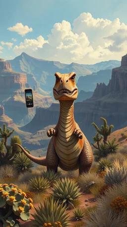 A dinosaur holding an iPhone surrendered by the Grand Canyon mountains the desert, in a forgotten battlefield over run by vegetation, cutesy tiktok detailed oil painting, grainy, old style