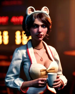 waitress woman with muppet mask that covers her entire head, concept art, retro style, smooth, unreal engine 5, god lights, ray tracing, RTX, lumen lighting, ultra detail, volumetric lighting, 3d.