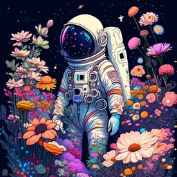 "floral astronaut" hand-drawn digital art, flowers everywhere, colorful garden, beautiful galaxy, REALISTIC, anime, 4k, high resolution, full details, 2560x1600