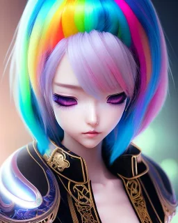 Detailed cute anime Kunoichi girl, rainbow hair buns, rainbow bangs, black latex bodysuit, intricate details, full body portrait, keep head in frame, slight smile, black Japanese motif, concept art, highly detailed, digital painting, concept art, sharp focus, illustration, art by Yoji Shinkawa, WLOP and greg rutkowski and alphonse mucha and artgerm and yanjun Chen and Junji ito and Makoto Shinkai, HDR, octane render