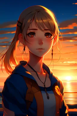 (image: anime character with twin ponytails and staring eyes standing against a picturesque sunset), Keywords: anime character, hair in a ponytail, intense blue eyes, sunset, beauty, ultra-realistic, anime, anime character type : Heroine, Camera Lens Type: Wide Angle Lens, Camera Aperture Setting: f/2.8, Time of Day: Golden Hour (Evening), Anime Character Style: Strong and Determined, Character Type:
