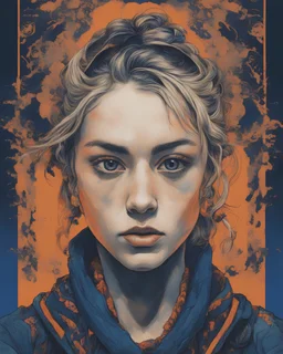 A portrait of a Singer Danish MØ face, cyberpunk, symmetry, hyperdetailed, painting by Katsushika Hokusai,darkblue and orange tones,