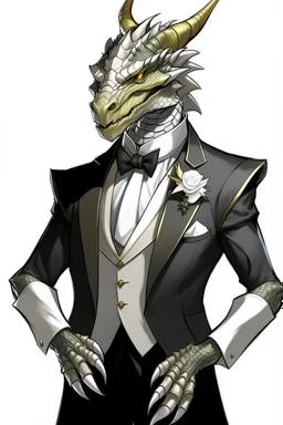 A silver Dragonborn from dnd wearing a tuxedo