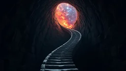 Stairs between heaven and hell, a big vertical spiral staircase made of indefinable material, the end of which cannot be seen, connecting the hellish dark depths with the endless dark blue universe, higg detailed, surreal, dark vibe, cinematic