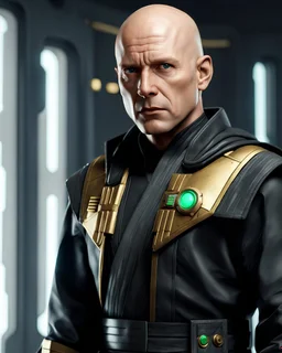 star wars bald male corellian pilot wearing dark gunmetal grey and black First Order special forces TIE pilot armored flightsuit and helmet with gold trim inside the jedi temple, centered head and shoulders portrait, hyperdetailed, dynamic lighting, hyperdetailed background, 8k resolution, volumetric lighting, light skin, fully symmetric details