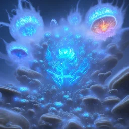 Spherical Frost metal magic armoured lightning Mycelium giant blob MUSHROOM flower erupting with BLUE FLAMES hellfire abyss stars SPACE lANDSCAPE