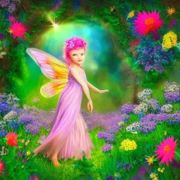 bright fairy, beautiful portrait, flowery landscape