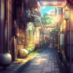 a beautiful digital anime style painting of osaka alleyway, relaxing summer day, masterpiece, sharp focus, intricate details, visually stunning, wide angel camera, octane render, volumetric lighting, vdb clouds, realistic shadows, uhd, 8k, art by hayao miyazaki