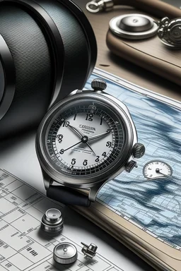An image of a sleek, modern submarine watch displayed alongside nautical charts and diving equipment, emphasizing its role in underwater exploration and navigation.