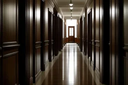 short, wide corridor full of closed doors with a single open doorway