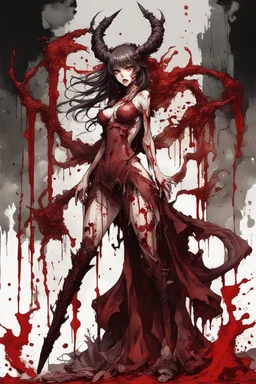 Demon girl wizard in front, fullbody, leaning pose, behind blood guts rising from the ground, illustration by <Yoji Shinkawa>, darkred tones,