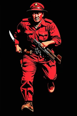 Vietnam soldier(uniform and face based on racist steriotypes) running towards viewer, a knife i one hand, and a gun(barrel pointing at viewer) in the other. retro 1960's poster monochrome with white background