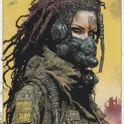 front facing full length portrait illustration of a grunge armored female with beaded dreadlock hair cyberpunk vampire mercenary with gas mask, telecommunications headset, and shemagh, highly detailed with gritty post apocalyptic textures, toxic irradiated landscape, finely detailed facial features and hair, in the graphic novel style of Bill Sienkiewicz, and Jean Giraud Moebius, with elements of collage, mimeograph, and pen and ink, realistic light and shadow