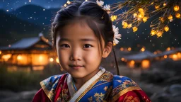 little very young Bhutan girl, beautiful, peaceful, gentle, confident, calm, wise, happy, facing camera, head and shoulders, traditional Bhutan costume, perfect eyes, exquisite composition, night scene, fireflies, stars, Himalayan view, beautiful intricate insanely detailed octane render, 8k artistic photography, photorealistic concept art, soft natural volumetric cinematic perfect light, chiaroscuro, award-winning photograph, masterpiece, Raphael, Caravaggio, Bouguereau, Alma-Tadema