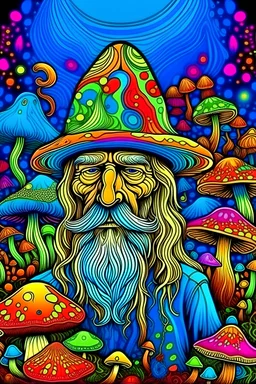 Hermit man colorful, psychedelic, mushrooms background