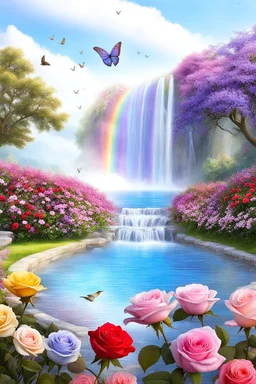 Trés belles roses, rainbows, beautiful colors gardens , flowers, cascades,Birds, butterfly