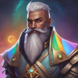 Man who looks like warforged demiurge from Dungeons and Dragons and exo from Destiny 2, class druid/necromancer/warlock, rainbow astral on his hair and beard